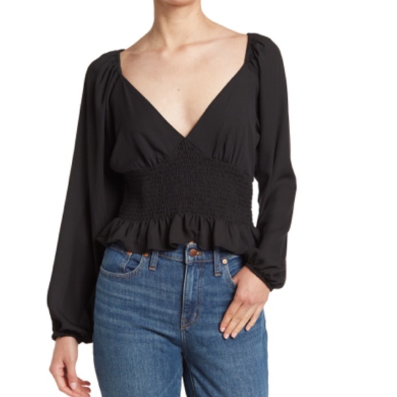 WAYF black blouse puff NWT - smocked waist top size small - Picture 1 of 3